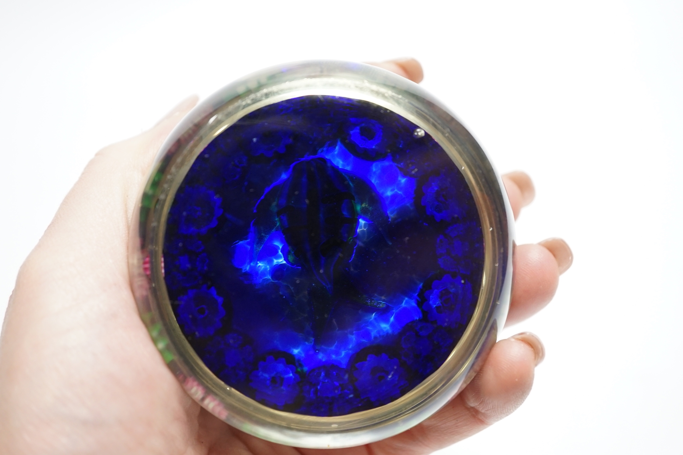 A Paul Ysart ‘green fish’ glass paperweight, post-war Moncrieff period, blue translucent ground, 7.5cm